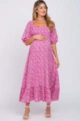 Fuchsia Floral Smocked Maternity Maxi Dress