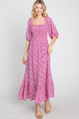 Fuchsia Floral Smocked Maxi Dress