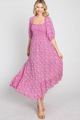 Fuchsia Floral Smocked Maxi Dress