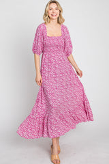 Fuchsia Floral Smocked Maxi Dress