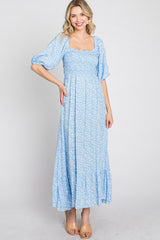 Blue Floral Smocked Maxi Dress