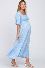 Blue Floral Smocked Maternity Maxi Dress