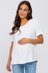 White Smocked Puff Sleeve Maternity Blouse