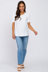 White Smocked Puff Sleeve Maternity Blouse