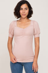 Taupe Ribbed Sweetheart Neck Short Puff Sleeve Maternity Top