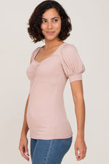 Taupe Ribbed Neck Short Puff Sleeve Maternity Top