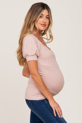 Taupe Ribbed Sweetheart Neck Short Puff Sleeve Maternity Top