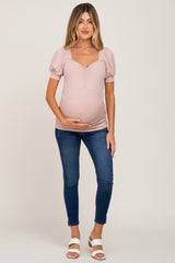 Taupe Ribbed Sweetheart Neck Short Puff Sleeve Maternity Top