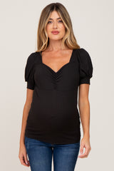 Black Ribbed Sweetheart Neck Short Puff Sleeve Maternity Top