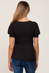 Black Ribbed Sweetheart Neck Short Puff Sleeve Maternity Top