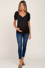 Black Ribbed Sweetheart Neck Short Puff Sleeve Maternity Top