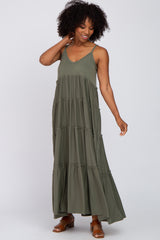 Olive Sleeveless Tiered Maternity Maxi Dress