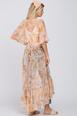 Beige Floral Chiffon Front Tie Ruffle Hi-Low Cover Up