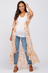 Beige Floral Chiffon Front Tie Ruffle Hi-Low Maternity Cover Up