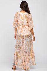 Beige Floral Chiffon Front Tie Ruffle Hi-Low Maternity Cover Up