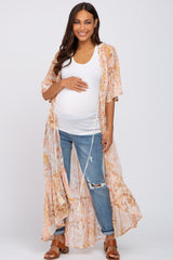 Beige Floral Chiffon Front Tie Ruffle Hi-Low Maternity Cover Up