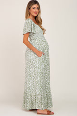 Green Leaf Print Smocked Maternity Maxi Dress