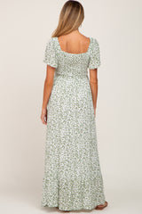 Green Leaf Print Smocked Maternity Maxi Dress