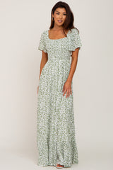 Green Leaf Print Smocked Maxi Dress