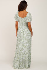 Green Leaf Print Smocked Maxi Dress