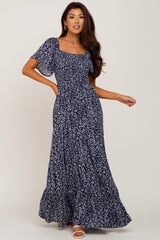 Navy Leaf Print Smocked Maternity Maxi Dress