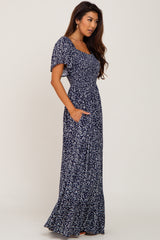 Navy Leaf Print Smocked Maxi Dress