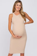 Beige Ribbed Sleeveless Maternity Dress