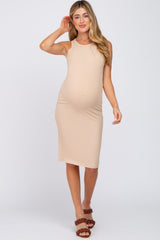 Beige Ribbed Sleeveless Maternity Dress