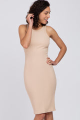 Beige Ribbed Sleeveless Maternity Dress