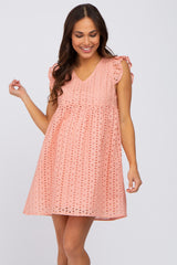 Coral Eyelet V-Neck Maternity Dress