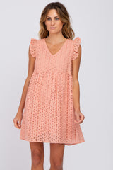 Coral Eyelet V-Neck Maternity Dress