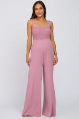 Mauve Sleeveless Smocked Wide Leg Maternity Jumpsuit