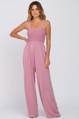 Mauve Sleeveless Smocked Wide Leg Maternity Jumpsuit