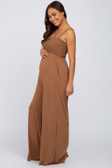 Camel Sleeveless Smocked Wide Leg Maternity Jumpsuit