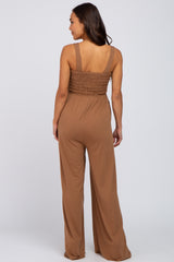 Camel Sleeveless Smocked Wide Leg Maternity Jumpsuit