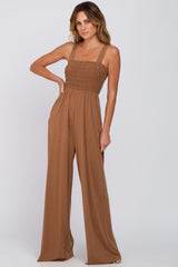 Camel Sleeveless Smocked Wide Leg Jumpsuit