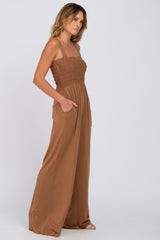 Camel Sleeveless Smocked Wide Leg Jumpsuit