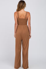 Camel Sleeveless Smocked Wide Leg Jumpsuit