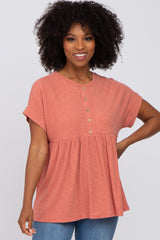 Rust Ribbed Button Front Top