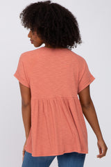 Rust Ribbed Button Front Top