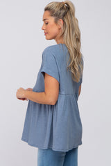 Blue Ribbed Button Front Maternity Top