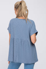 Blue Ribbed Button Front Maternity Top