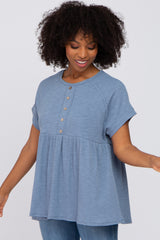 Blue Ribbed Button Front Maternity Top