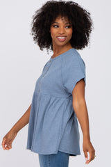 Blue Ribbed Button Front Top