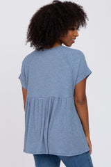 Blue Ribbed Button Front Top