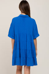 Royal Blue Button Up Cuff Sleeve Maternity Dress