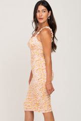 Peach Floral Ruched Sleeveless Midi Dress