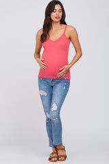 Coral Ribbed V-Neck Maternity Tank Top