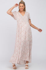 Ivory Floral Smocked Front Ruffle Hem Maternity Maxi Dress