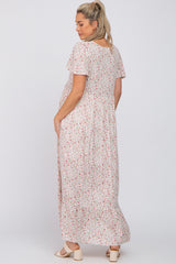 Ivory Floral Smocked Front Ruffle Hem Maternity Maxi Dress